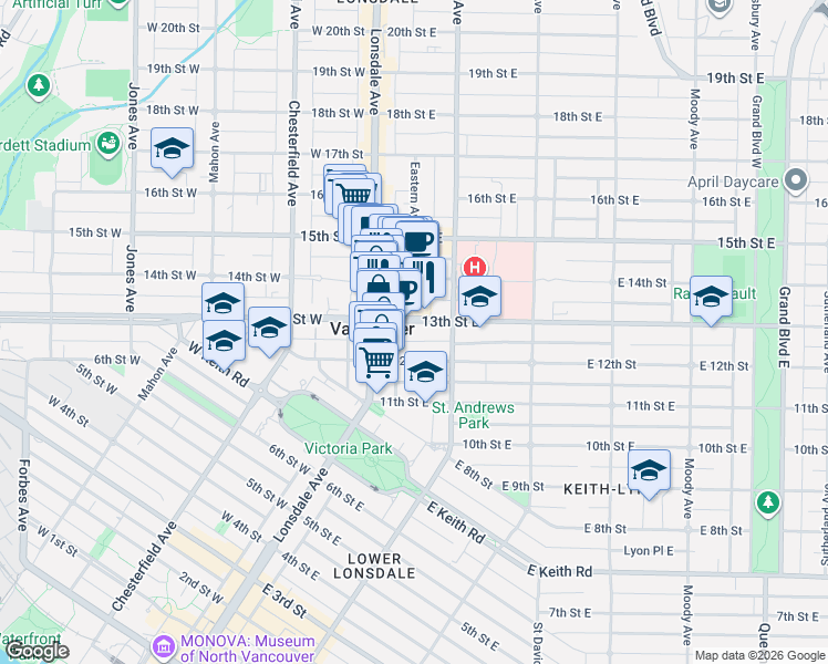 map of restaurants, bars, coffee shops, grocery stores, and more near 135 West 13th Avenue in Vancouver