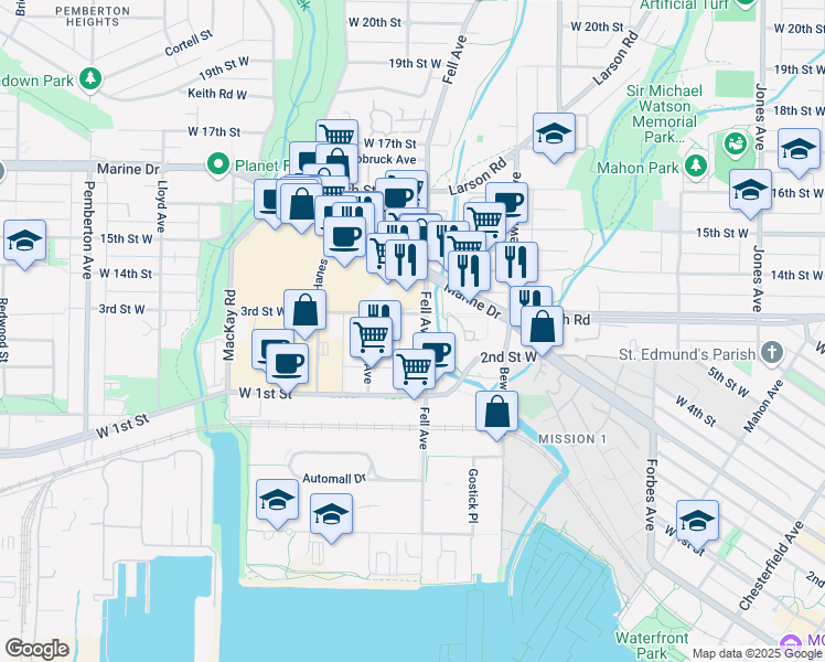 map of restaurants, bars, coffee shops, grocery stores, and more near 275 Fell Avenue in North Vancouver