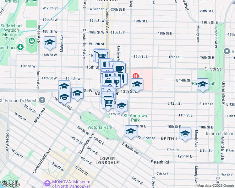 map of restaurants, bars, coffee shops, grocery stores, and more near in North Vancouver