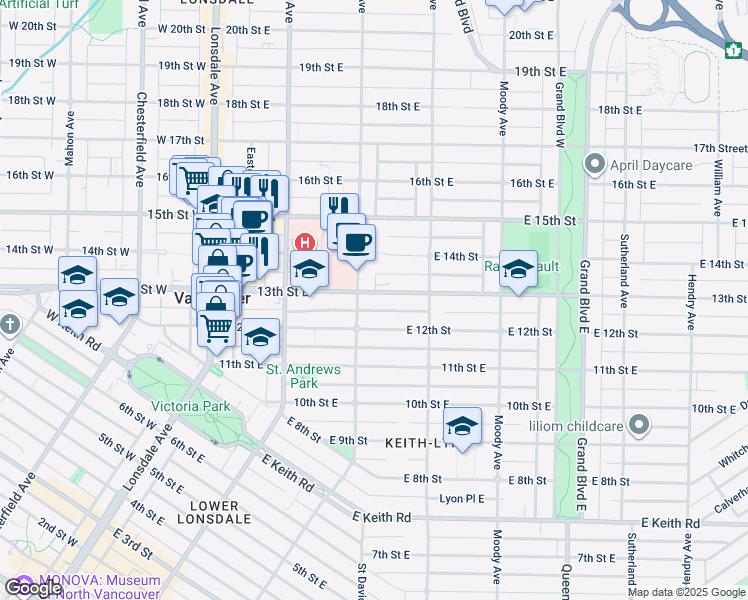 map of restaurants, bars, coffee shops, grocery stores, and more near 313 13th Street East in North Vancouver