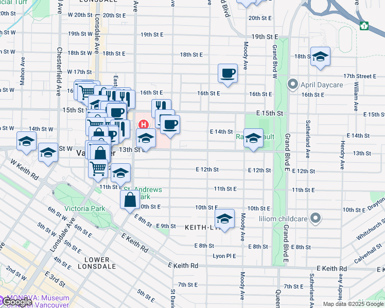map of restaurants, bars, coffee shops, grocery stores, and more near 341 13th Street East in North Vancouver