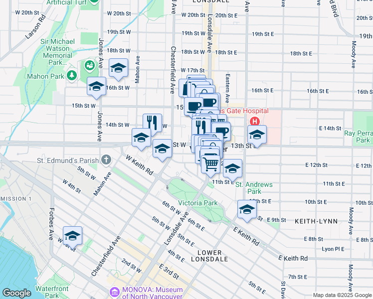 map of restaurants, bars, coffee shops, grocery stores, and more near in North Vancouver