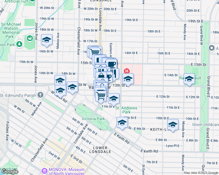 map of restaurants, bars, coffee shops, grocery stores, and more near 135 13th Street East in North Vancouver