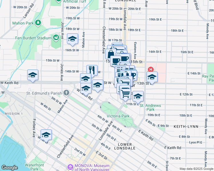 map of restaurants, bars, coffee shops, grocery stores, and more near 1288 Chesterfield Avenue in North Vancouver