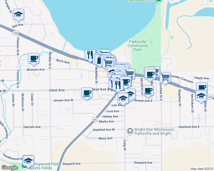 map of restaurants, bars, coffee shops, grocery stores, and more near 162 Harrison Avenue in Parksville