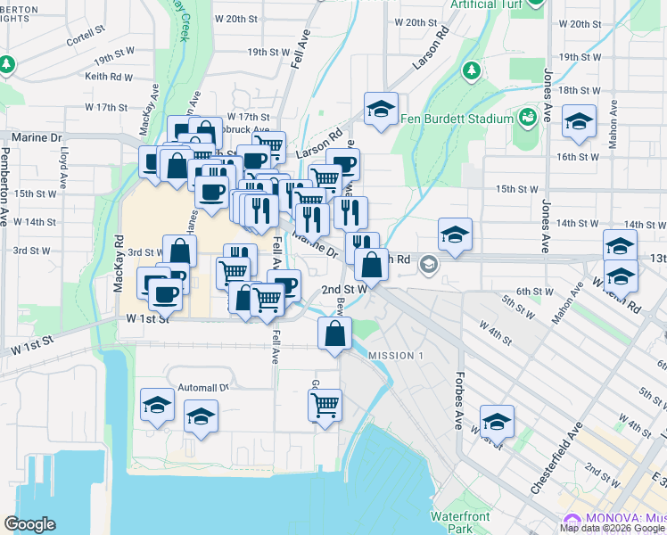 map of restaurants, bars, coffee shops, grocery stores, and more near 245 Bewicke Avenue in North Vancouver