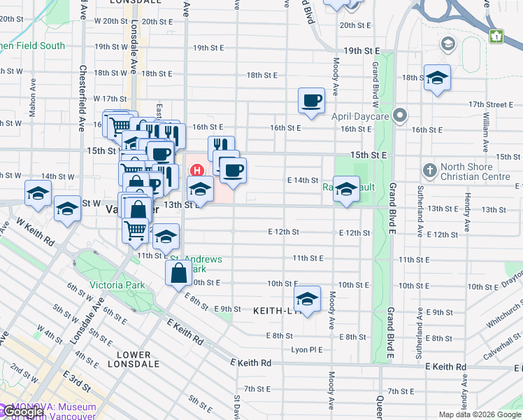 map of restaurants, bars, coffee shops, grocery stores, and more near 339 13th Street East in North Vancouver