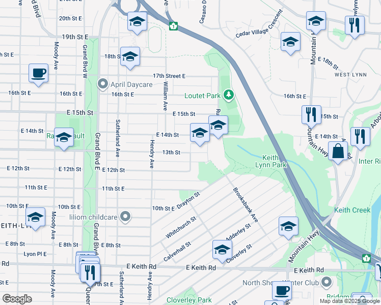 map of restaurants, bars, coffee shops, grocery stores, and more near 894 13th Street East in North Vancouver