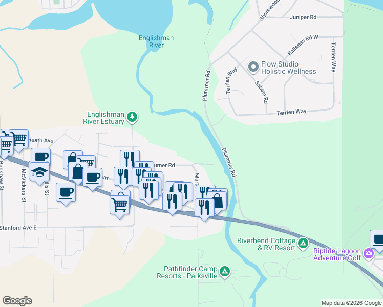 map of restaurants, bars, coffee shops, grocery stores, and more near 703 Turner Road in Parksville
