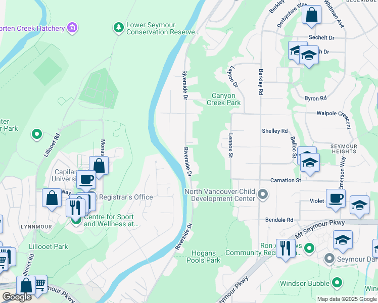 map of restaurants, bars, coffee shops, grocery stores, and more near 1372 Riverside Drive in North Vancouver