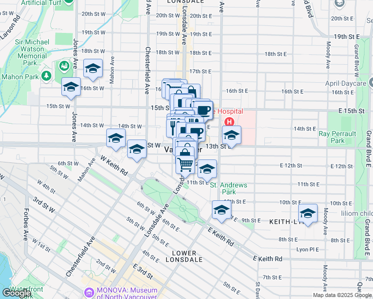 map of restaurants, bars, coffee shops, grocery stores, and more near 111 East 13th Street in North Vancouver