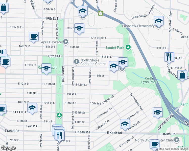 map of restaurants, bars, coffee shops, grocery stores, and more near 826 13th Street East in North Vancouver