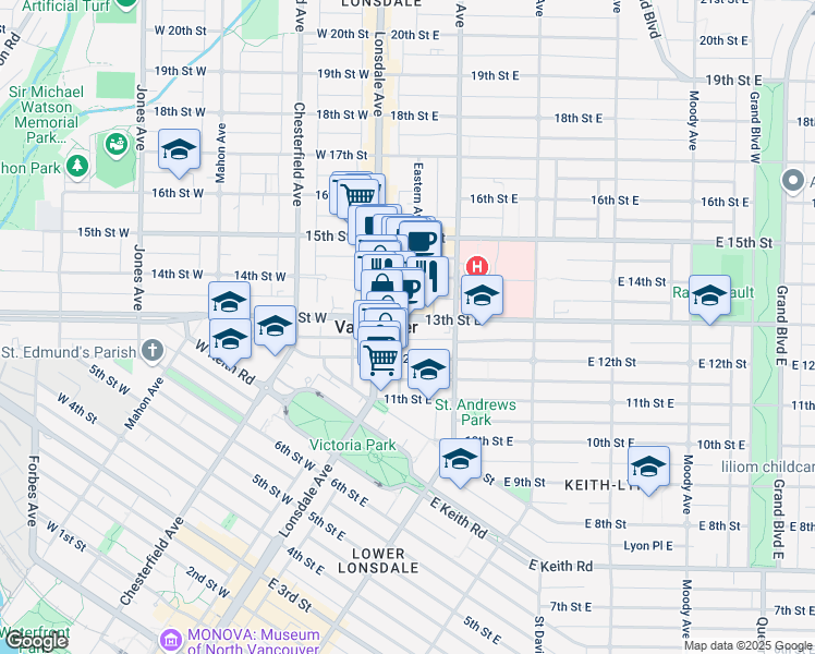 map of restaurants, bars, coffee shops, grocery stores, and more near in North Vancouver