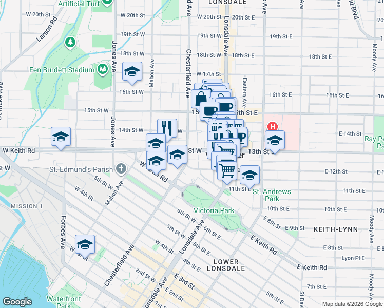map of restaurants, bars, coffee shops, grocery stores, and more near 1288 Chesterfield Avenue in North Vancouver