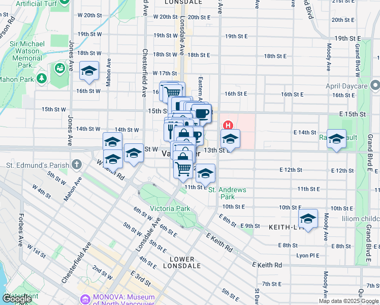 map of restaurants, bars, coffee shops, grocery stores, and more near 111E 13th Street East in North Vancouver
