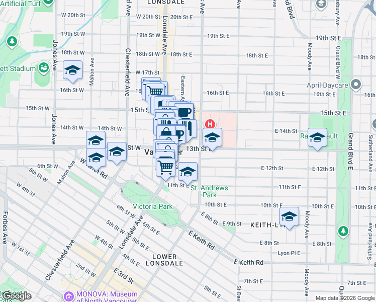 map of restaurants, bars, coffee shops, grocery stores, and more near 135 13th Street East in North Vancouver