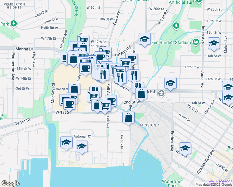 map of restaurants, bars, coffee shops, grocery stores, and more near 733 3rd Street West in North Vancouver