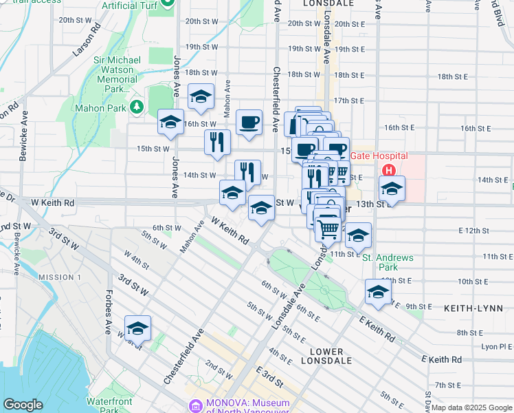 map of restaurants, bars, coffee shops, grocery stores, and more near 223 13th Street West in North Vancouver