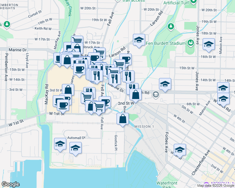 map of restaurants, bars, coffee shops, grocery stores, and more near 723 3rd Street West in North Vancouver