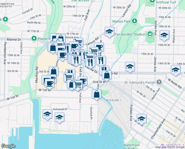 map of restaurants, bars, coffee shops, grocery stores, and more near 723 3rd Street West in North Vancouver