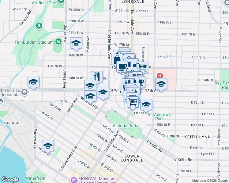 map of restaurants, bars, coffee shops, grocery stores, and more near Chesterfield Avenue in North Vancouver