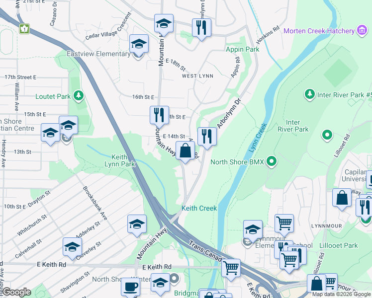 map of restaurants, bars, coffee shops, grocery stores, and more near in North Vancouver