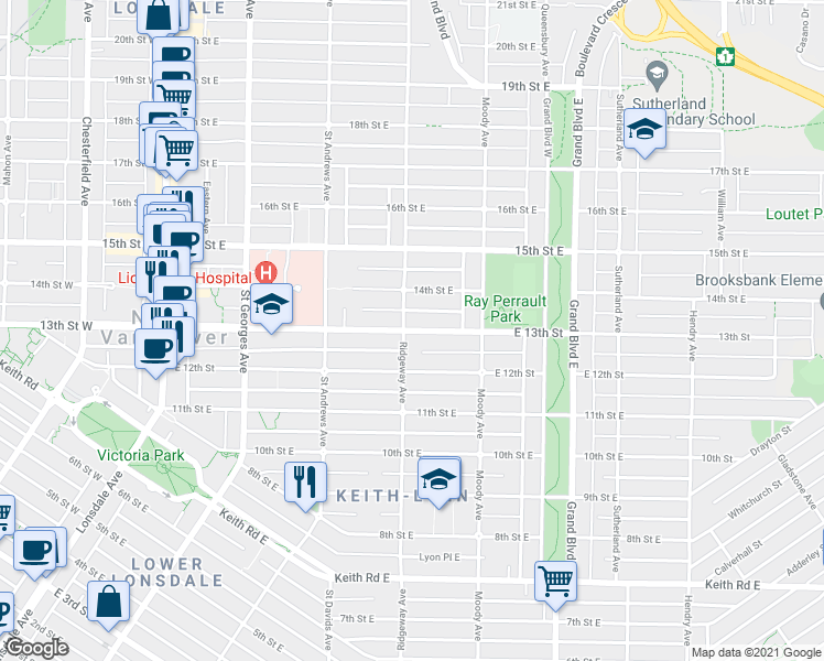 map of restaurants, bars, coffee shops, grocery stores, and more near 407 13th Street East in North Vancouver