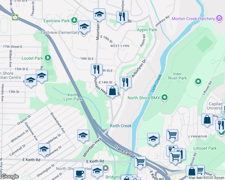 map of restaurants, bars, coffee shops, grocery stores, and more near 1329 Appin Road in North Vancouver