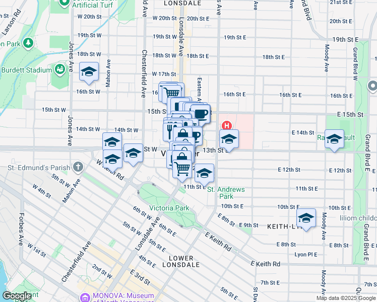 map of restaurants, bars, coffee shops, grocery stores, and more near in North Vancouver