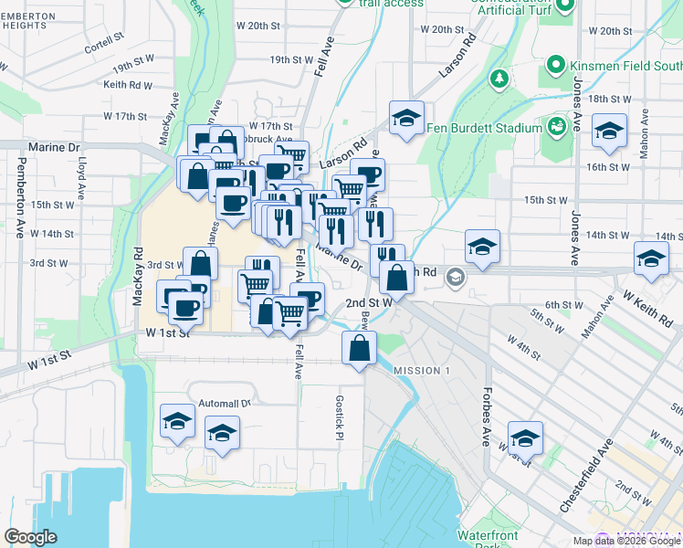 map of restaurants, bars, coffee shops, grocery stores, and more near 733 3rd Street West in North Vancouver