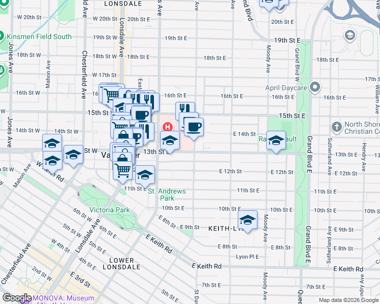 map of restaurants, bars, coffee shops, grocery stores, and more near 160 East 13th Street in North Vancouver