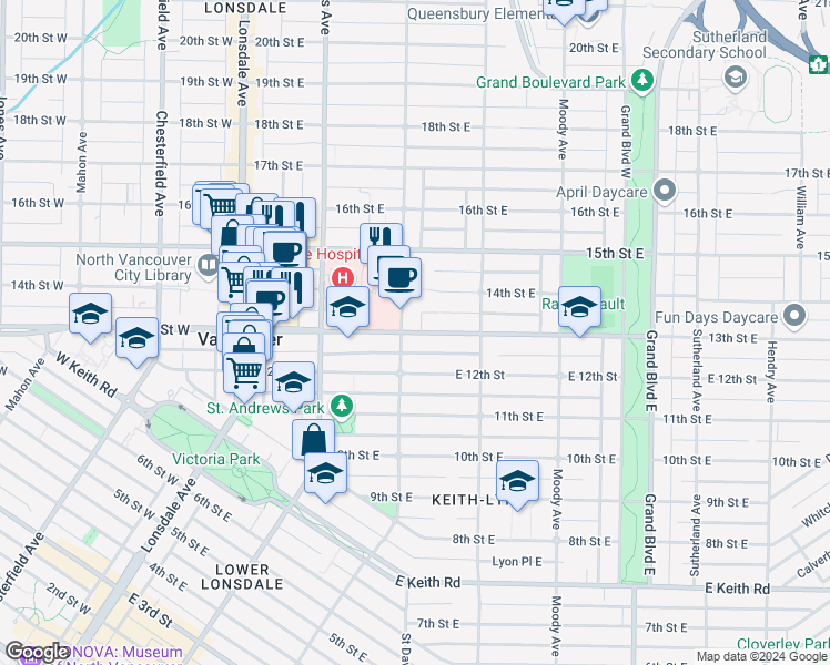 map of restaurants, bars, coffee shops, grocery stores, and more near 308 13th Street East in North Vancouver