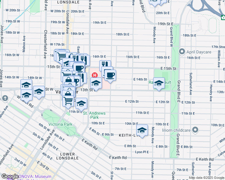 map of restaurants, bars, coffee shops, grocery stores, and more near 304 East 13th Street in North Vancouver