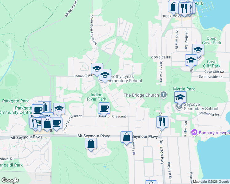 map of restaurants, bars, coffee shops, grocery stores, and more near 1479 Percy Court in North Vancouver