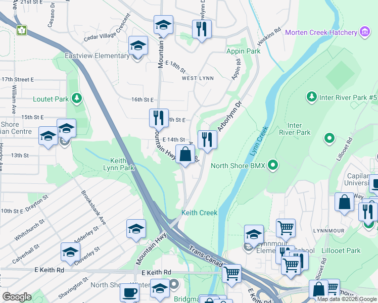 map of restaurants, bars, coffee shops, grocery stores, and more near 1329 Appin Road in North Vancouver
