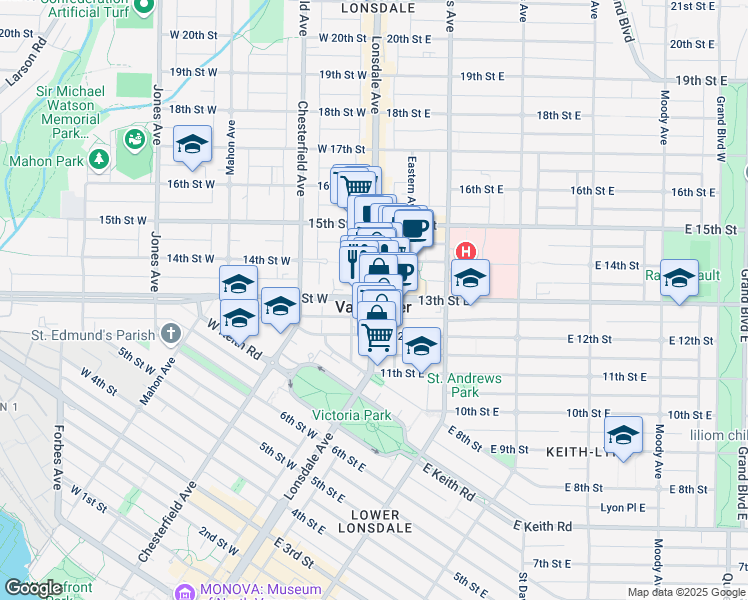 map of restaurants, bars, coffee shops, grocery stores, and more near 158 13th Street West in North Vancouver