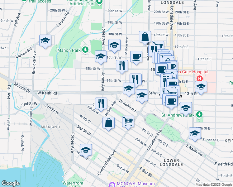map of restaurants, bars, coffee shops, grocery stores, and more near 555 13th Street West in North Vancouver