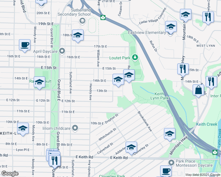 map of restaurants, bars, coffee shops, grocery stores, and more near 894 13th Street East in North Vancouver