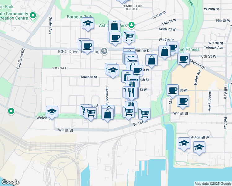 map of restaurants, bars, coffee shops, grocery stores, and more near 1249 Alderwood Place in North Vancouver