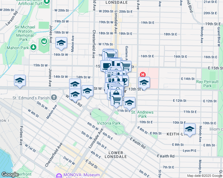 map of restaurants, bars, coffee shops, grocery stores, and more near 111 13th Street West in North Vancouver
