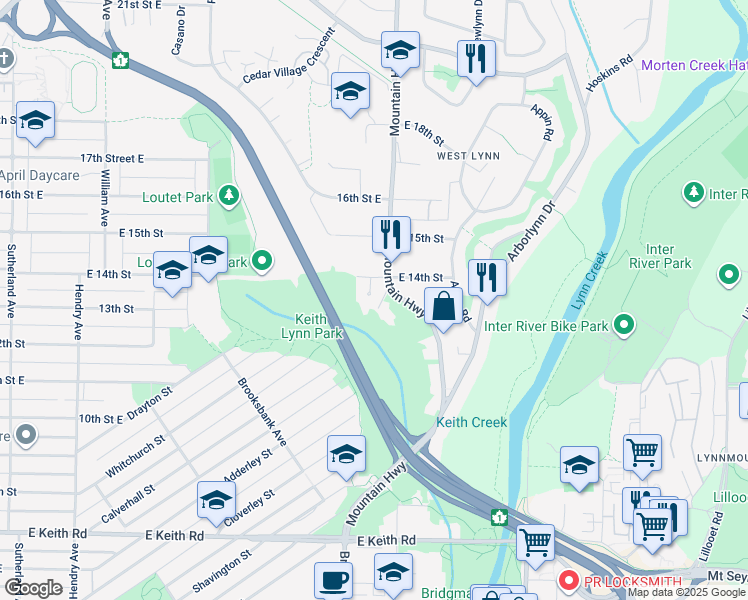 map of restaurants, bars, coffee shops, grocery stores, and more near 1285 Lucking Place in North Vancouver