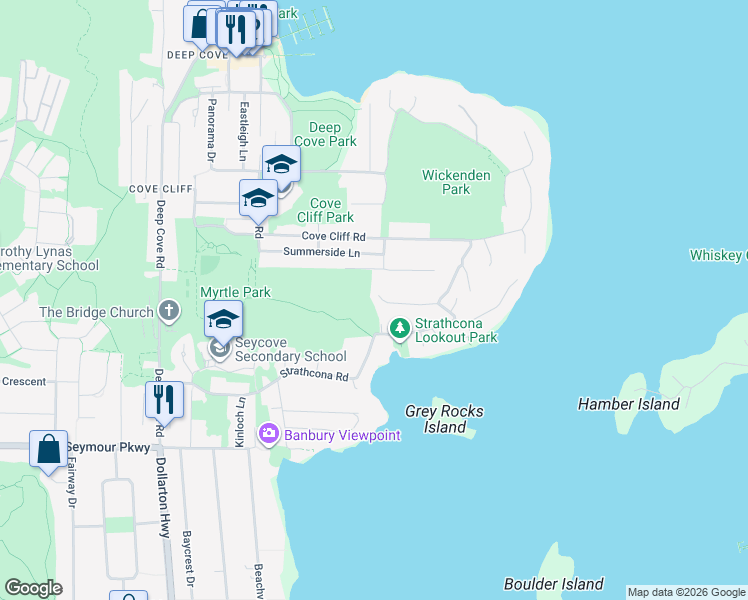 map of restaurants, bars, coffee shops, grocery stores, and more near 4600 Wickenden Road in North Vancouver