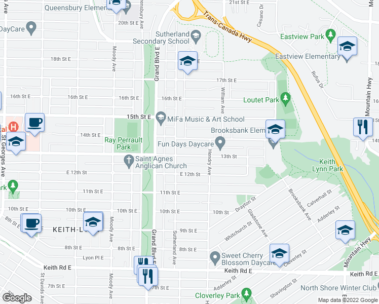 map of restaurants, bars, coffee shops, grocery stores, and more near 738 East 13th Street in North Vancouver