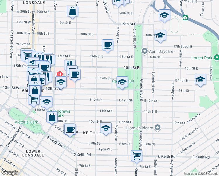 map of restaurants, bars, coffee shops, grocery stores, and more near 111E 13th Street East in North Vancouver