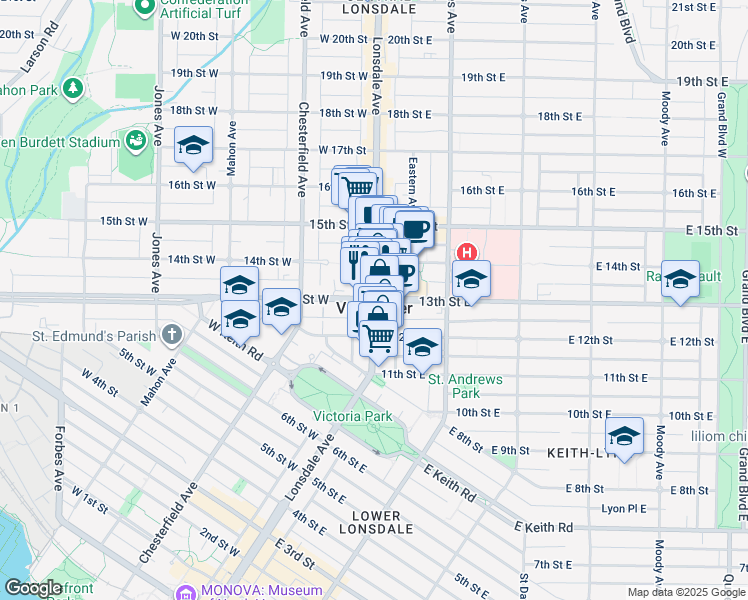 map of restaurants, bars, coffee shops, grocery stores, and more near in North Vancouver