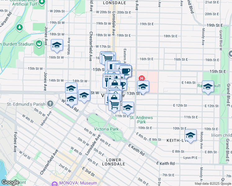 map of restaurants, bars, coffee shops, grocery stores, and more near 112 East 13th Street in North Vancouver