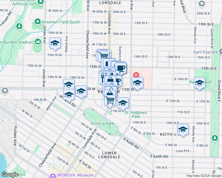 map of restaurants, bars, coffee shops, grocery stores, and more near 111E 13th Street East in North Vancouver