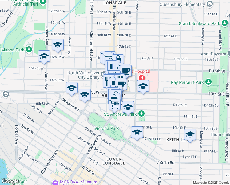 map of restaurants, bars, coffee shops, grocery stores, and more near 111E 13th Street East in North Vancouver