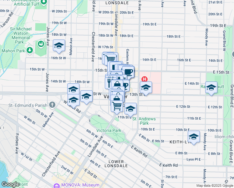 map of restaurants, bars, coffee shops, grocery stores, and more near 135 13th Street East in North Vancouver