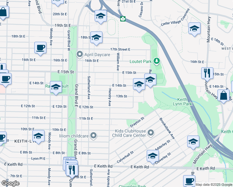 map of restaurants, bars, coffee shops, grocery stores, and more near 826 East 13th Street in North Vancouver